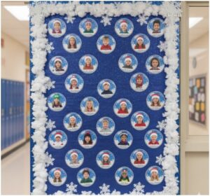 3d Snow Globe Selfies- Christmas door decoration ideas for school