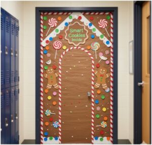 A Gingerbread House Door- christmas door decoration ideas for school