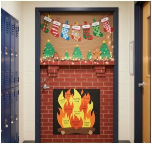 A Fireplace Door Scene- christmas door decoration ideas for school