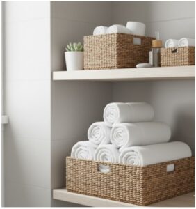 Baskets for That Spa Vibe- how to hang towels in bathroom